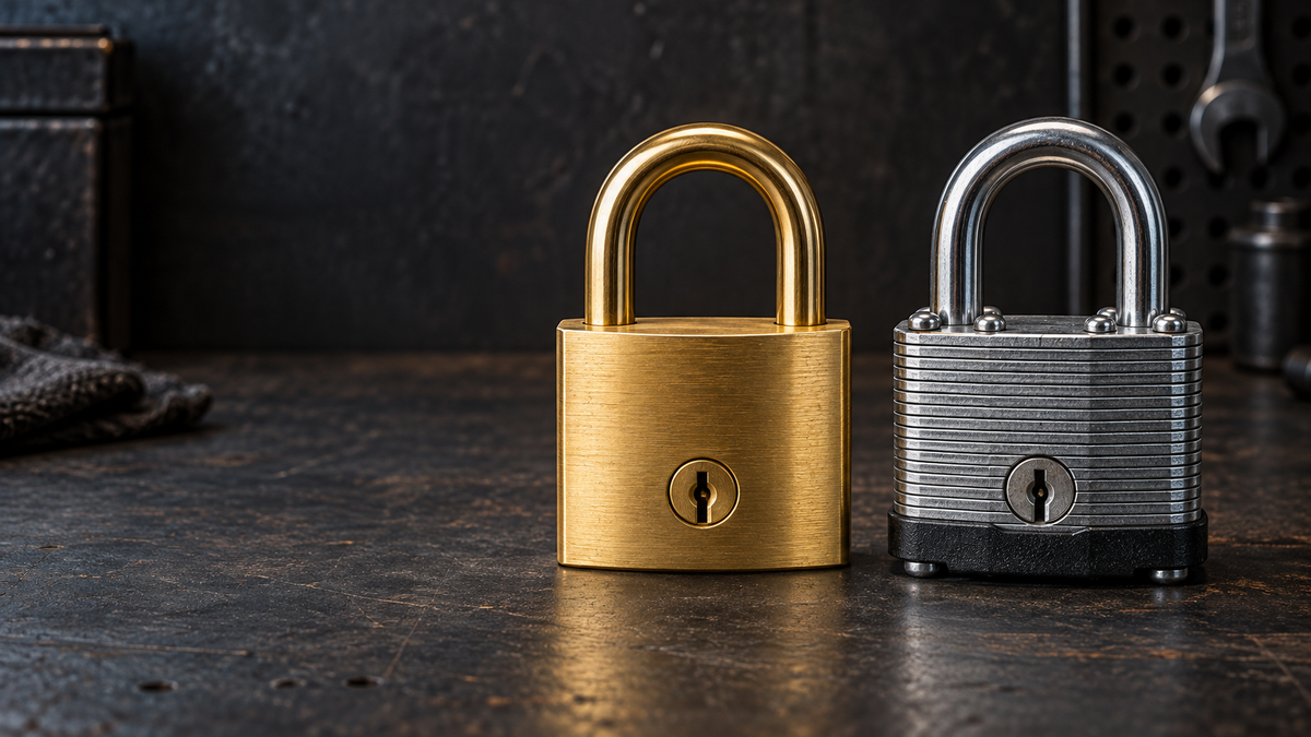 Solid brass padlock and laminated steel padlock side by side