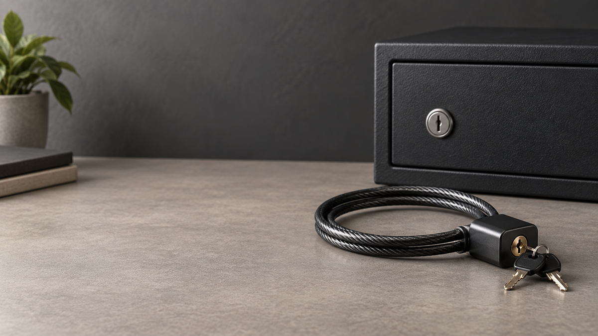 Keyed cable lock beside a closed secure storage safe