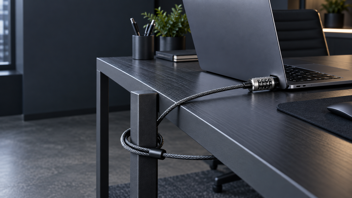 Laptop secured to a desk with a combination cable lock