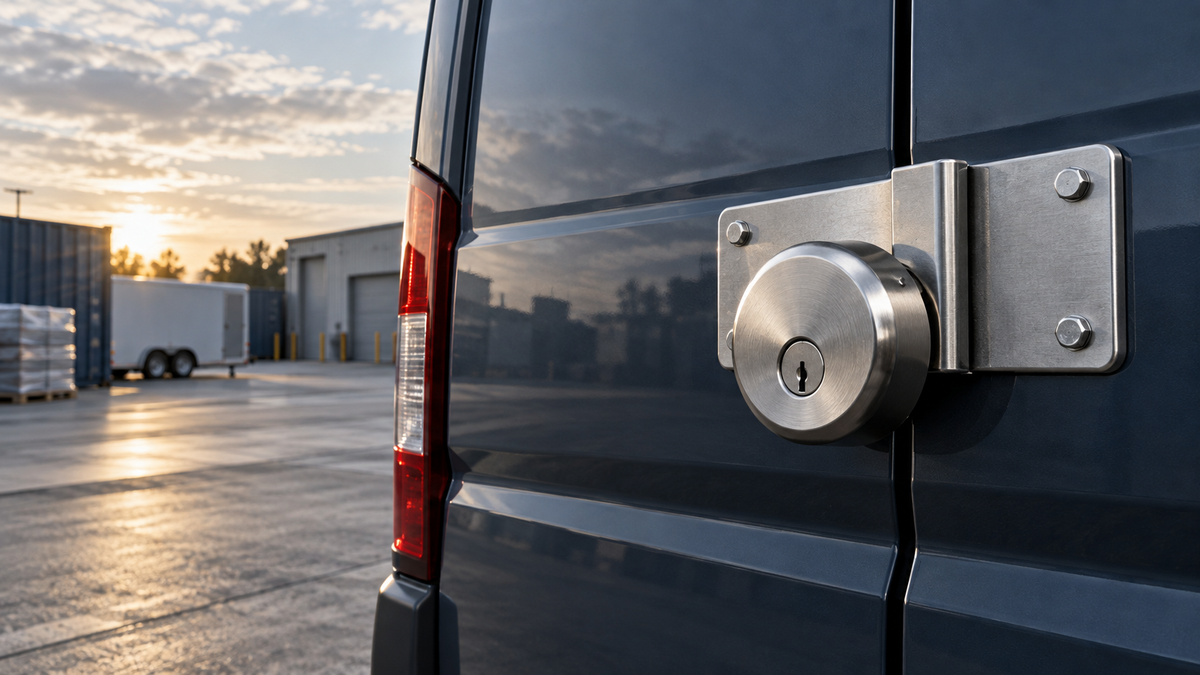 Hidden-shackle puck lock installed on a commercial van door