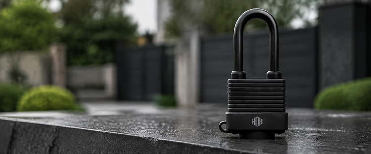 Black HOX long-shackle padlock on a stone ledge with a softly blurred outdoor gate behind it.