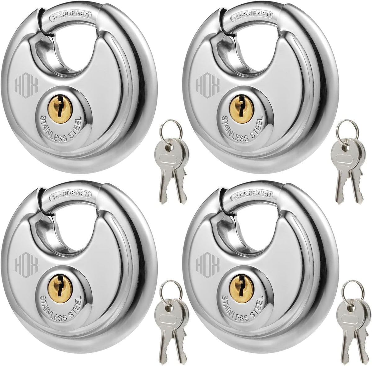 HOX Keyed-Alike Disc Padlock, Hardened Steel Shackle, 4-Pack