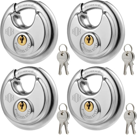 HOX Keyed-Alike Disc Padlock, Hardened Steel Shackle, 4-Pack