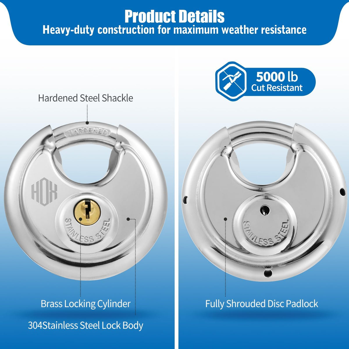 HOX Keyed-Alike Disc Padlock, Hardened Steel Shackle, 4-Pack feature image 2