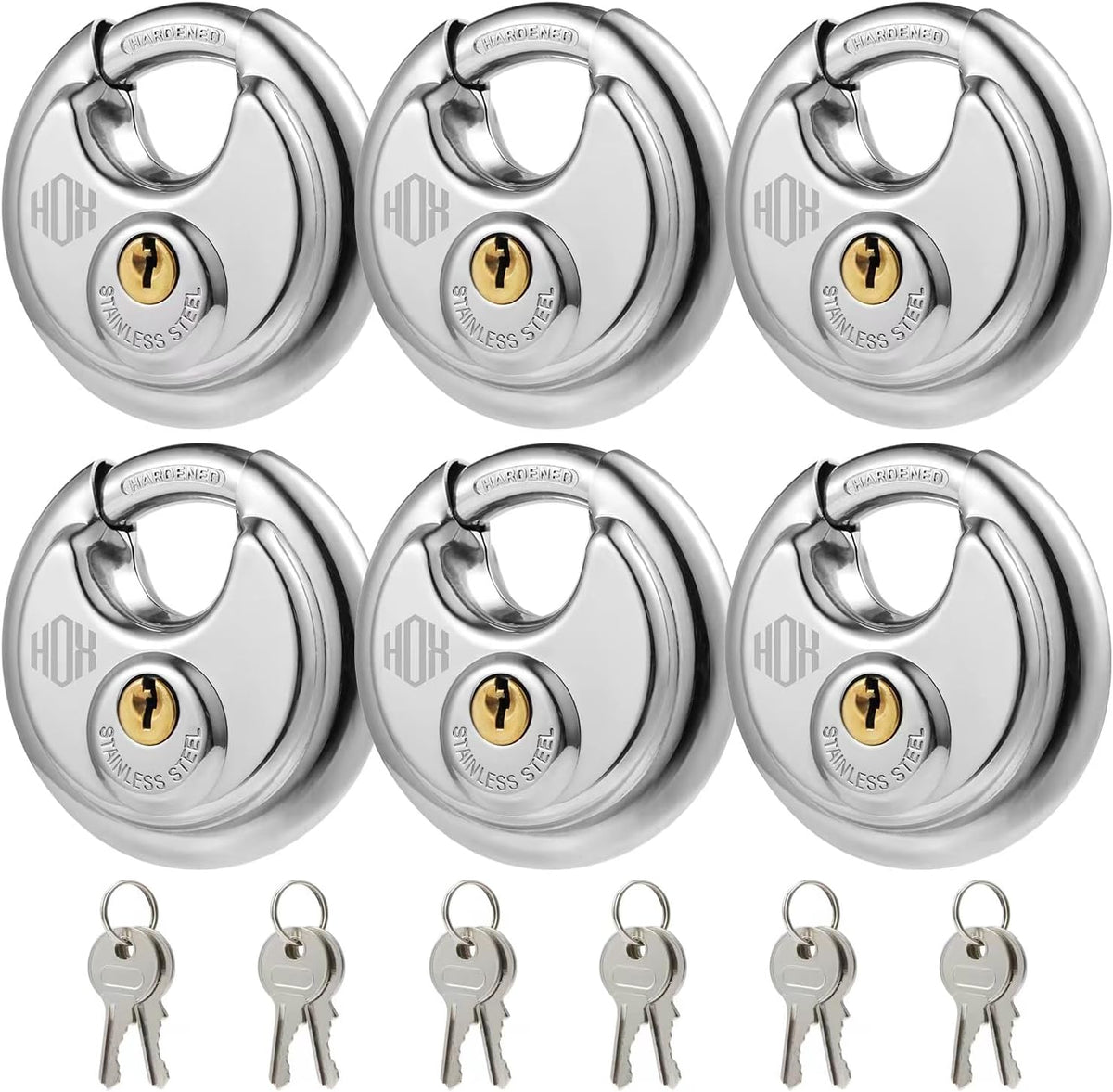 HOX Keyed-Alike Disc Padlock, Hardened Steel Shackle, 6-Pack