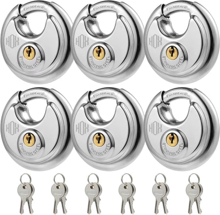 HOX Keyed-Alike Disc Padlock, Hardened Steel Shackle, 6-Pack