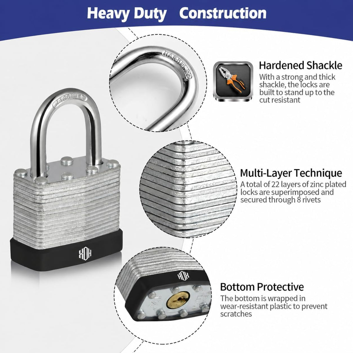 HOX 6-Pack Keyed-Alike Padlocks, Hardened Steel Shackle, Brass Cylinder feature image 2