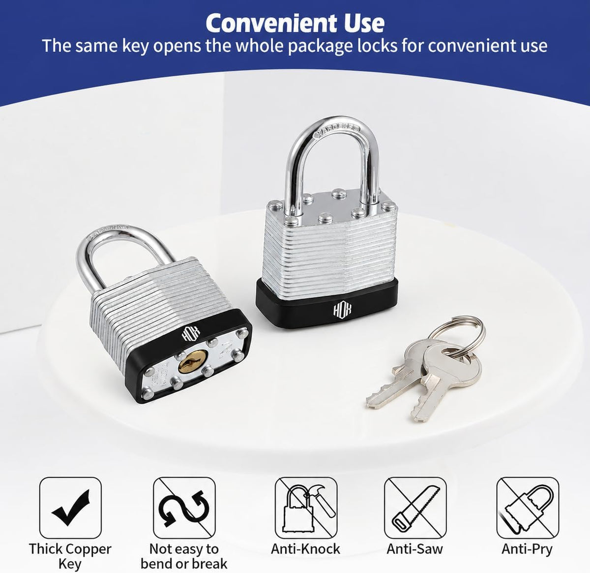 HOX 6-Pack Keyed-Alike Padlocks, Hardened Steel Shackle, Brass Cylinder feature image 3