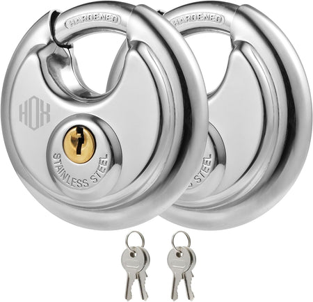 HOX Keyed-Alike Disc Padlock, Hardened Steel Shackle, 2-Pack