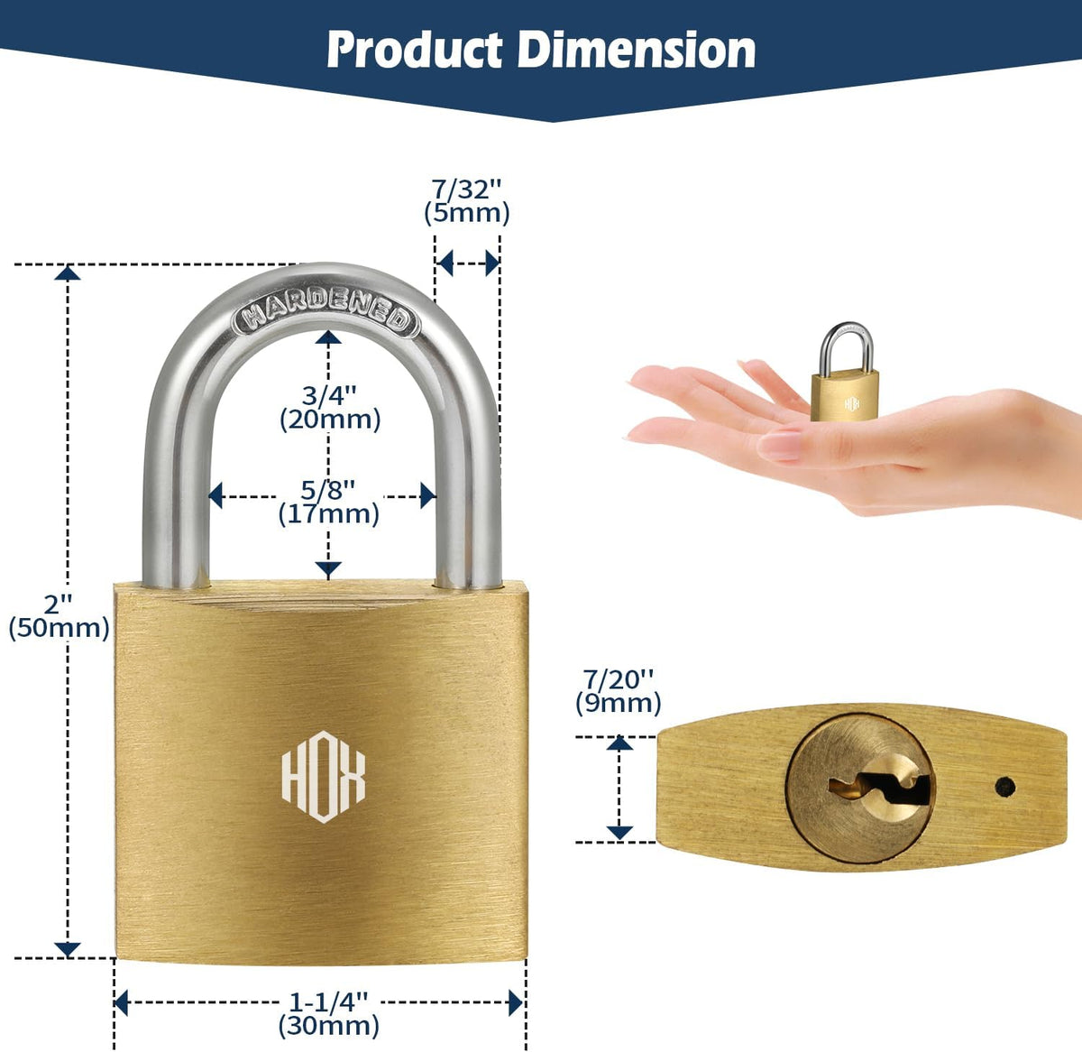HOX Solid Brass Keyed-Alike Padlock, Hardened Steel Shackle, 30mm, 2-Pack feature image 2