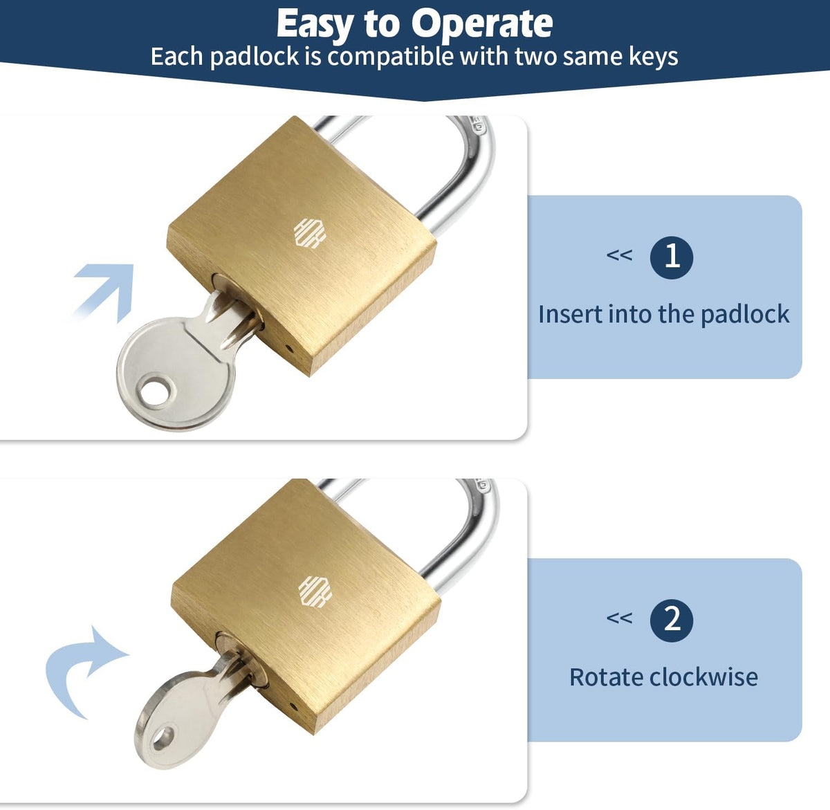 HOX Solid Brass Keyed-Alike Padlock, Hardened Steel Shackle, 30mm, 2-Pack feature image 3
