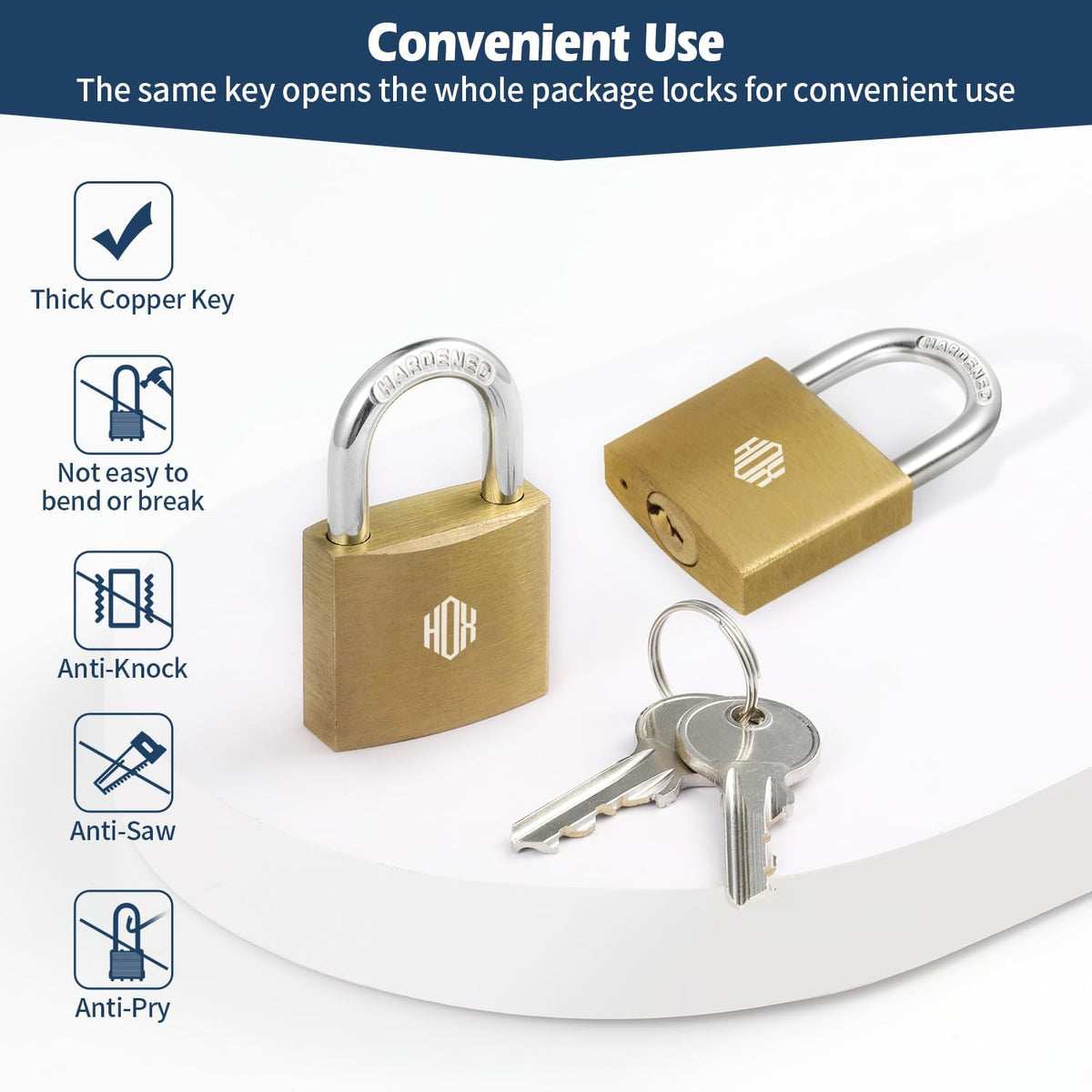 HOX Solid Brass Keyed-Alike Padlock, Hardened Steel Shackle, 30mm, 2-Pack feature image 5