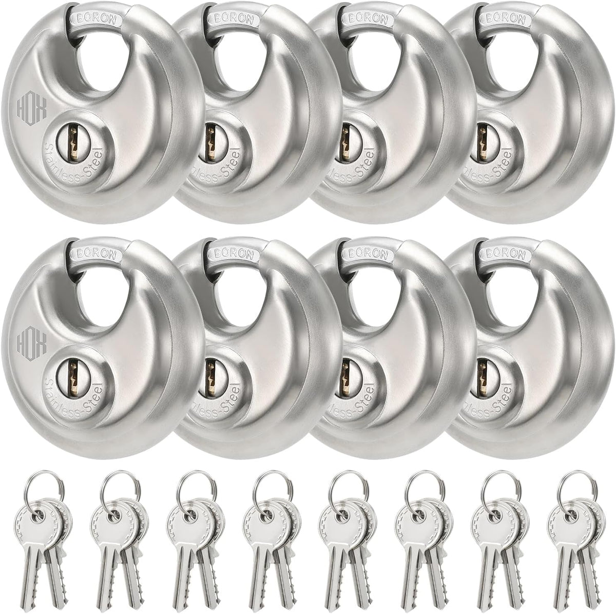 HOX Boron Steel Discus Lock, Heavy Duty 70mm Padlock with Keys, 8 Pack