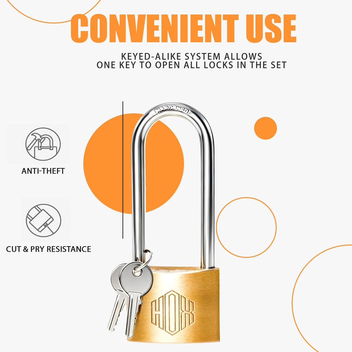 HOX Solid Brass Keyed Alike Padlock, 2.5-Inch Long Shackle (6) – product image 4