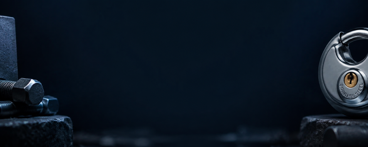 Dark navy industrial setting with metal textures and a HOX disc lock at the edge