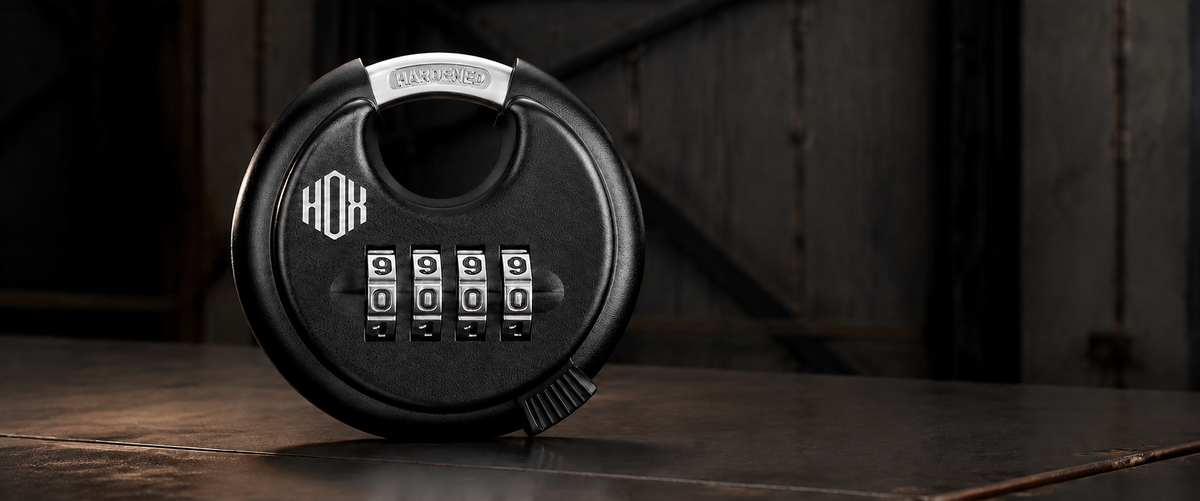 Black HOX four-digit combination disc padlock on a dark metal surface in a shed-inspired setting.