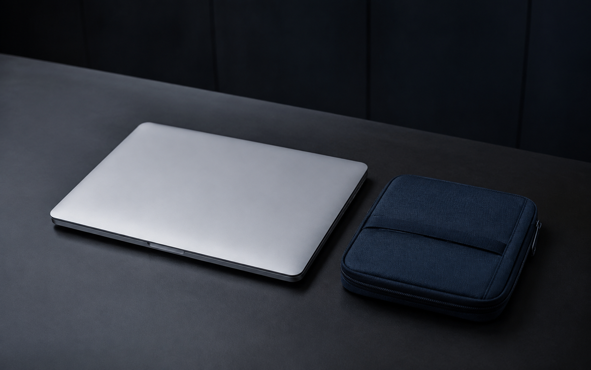 Closed silver laptop and navy organizer on a dark desk, illustrating portable device security