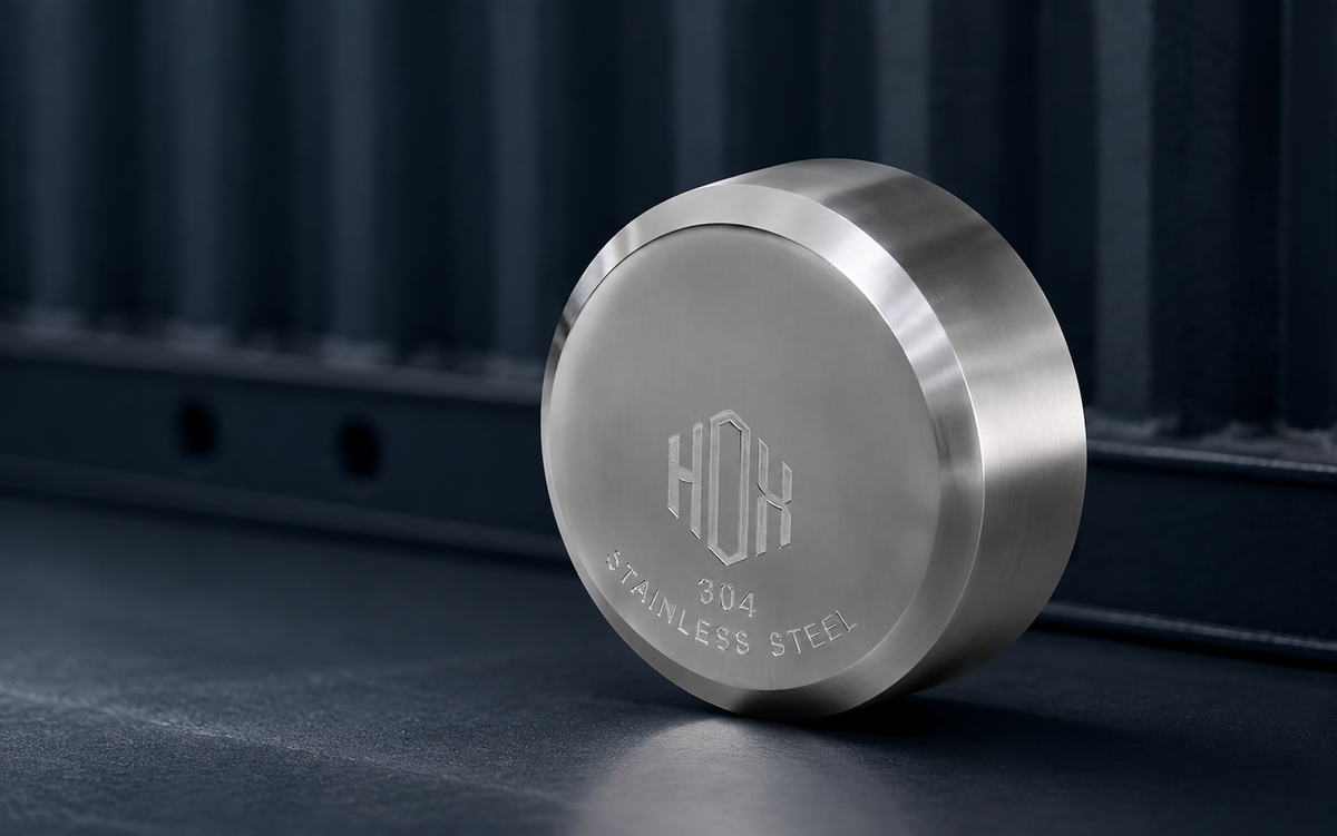 HOX stainless steel hidden-shackle puck lock on a dark industrial surface