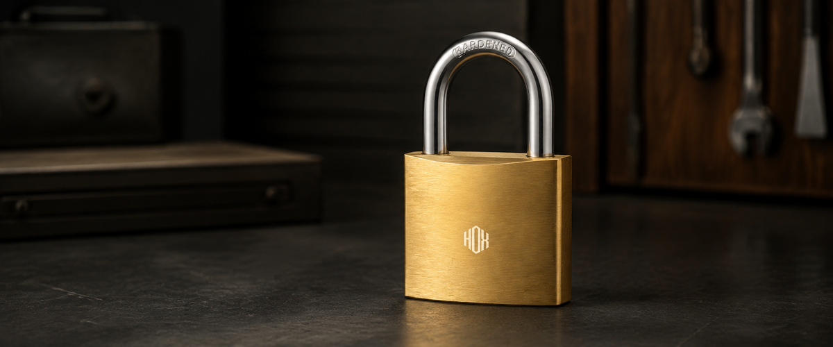 Golden HOX brass padlock on a dark workbench in a warmly lit storage setting.