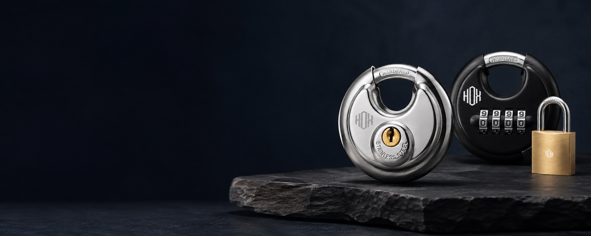 HOX stainless steel disc lock, combination disc lock and brass padlock on a dark stone surface