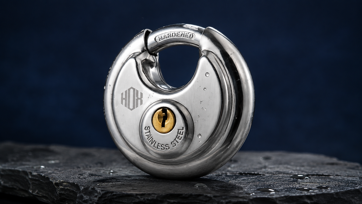 Close-up of a HOX stainless steel disc lock with polished metal surfaces and water droplets